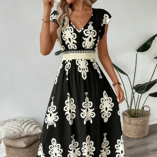 Elegant V-neck dress with baroque print