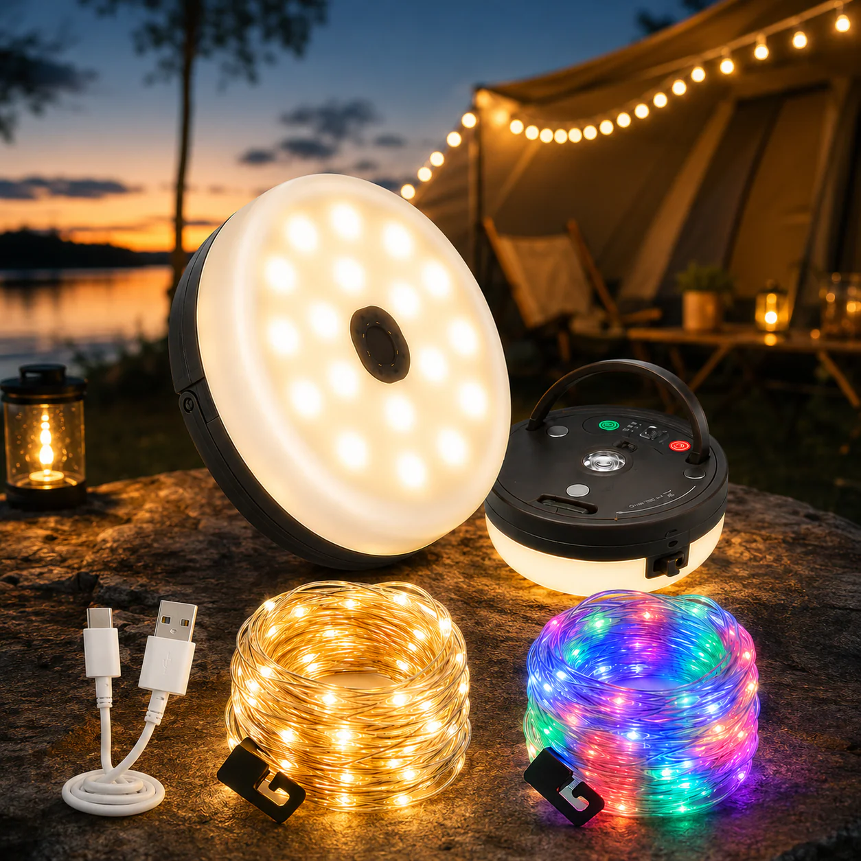 CampGlow 4-in-1 rechargeable camping lantern with string lights and power bank