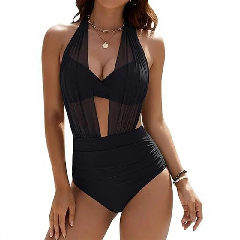 Put on this halterneck swimsuit and your tummy disappears as if it was never there