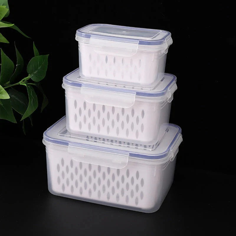 Fruit storage container with removable colander rinses fruits and vegetables and prevents soaking