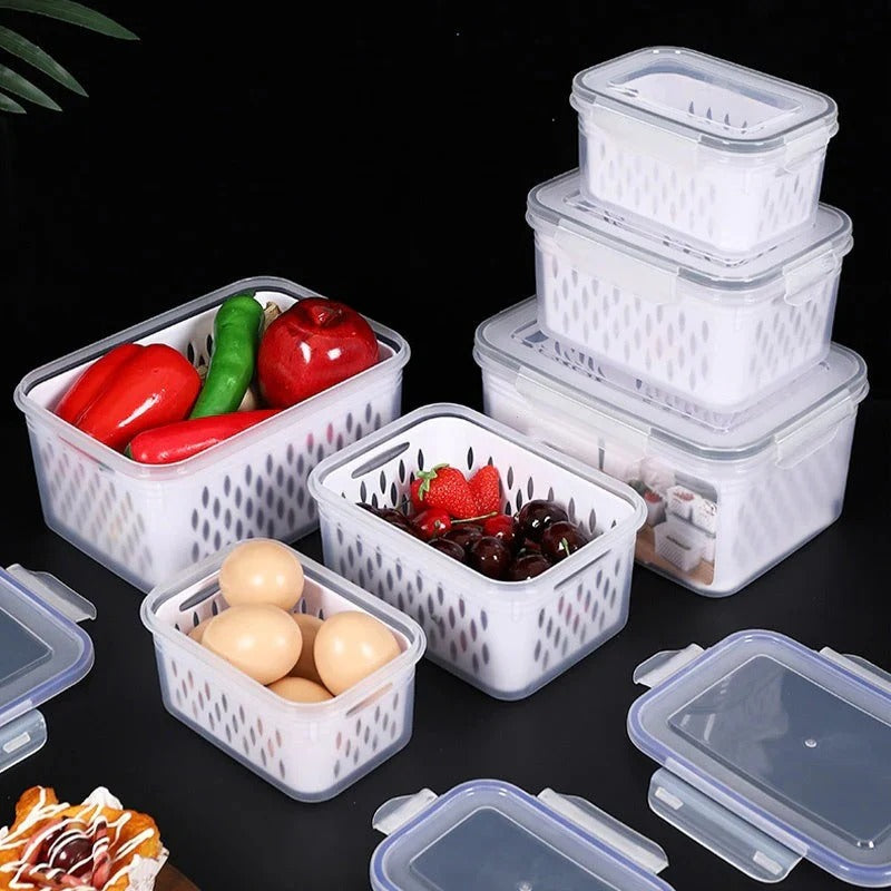 Fruit storage container with removable colander rinses fruits and vegetables and prevents soaking