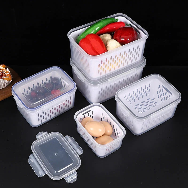 Fruit storage container with removable colander rinses fruits and vegetables and prevents soaking