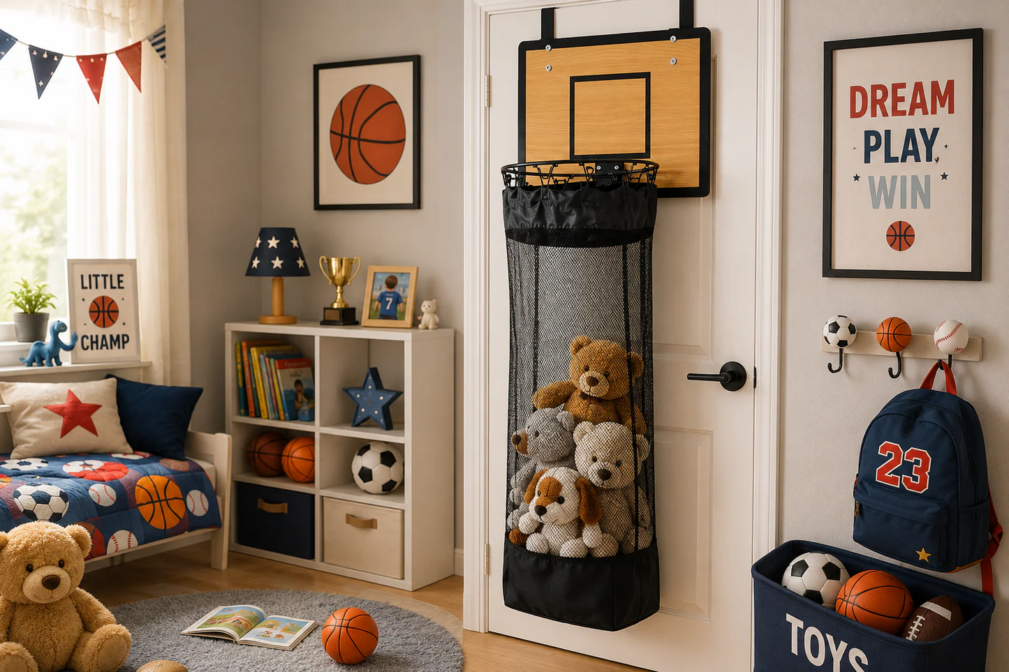 Over-the-door laundry basket with basketball hoop