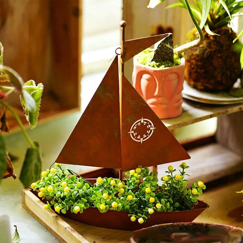 Rustic Sailboat Metal Planter