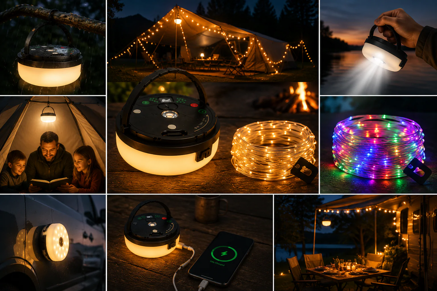 CampGlow 4-in-1 rechargeable camping lantern with string lights and power bank