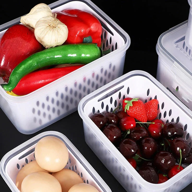 Fruit storage container with removable colander rinses fruits and vegetables and prevents soaking